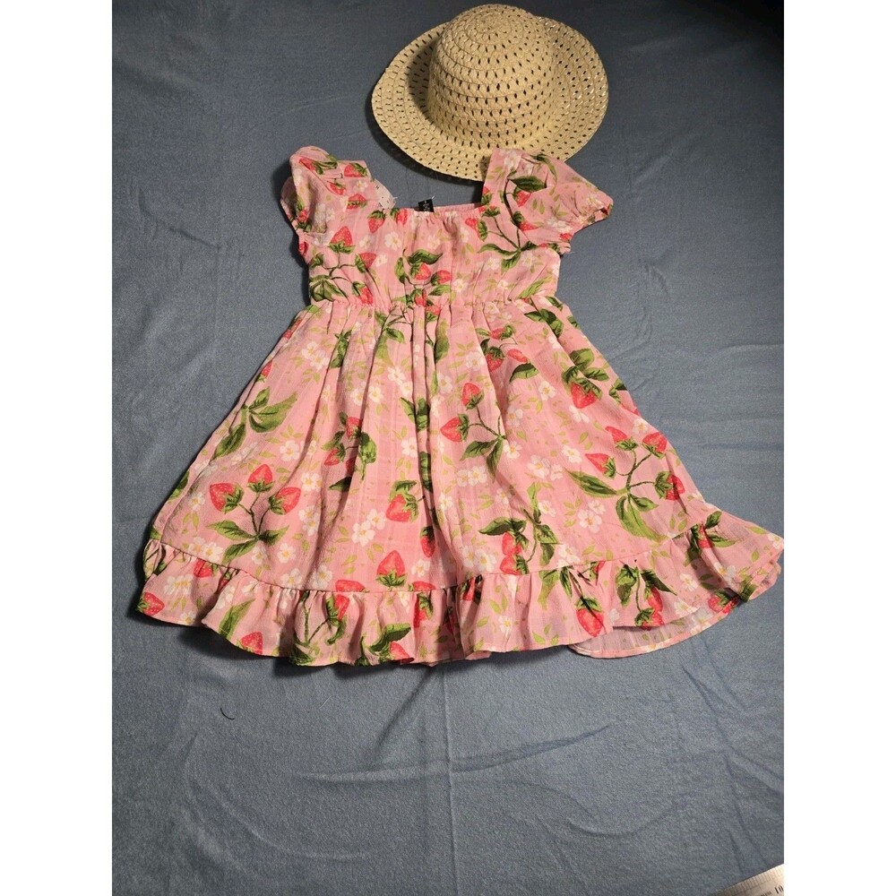 Toddler Girls Pink Strawberry Print Flutter-Sleeve Smocked Dress Sz 4 - Picture 4 of 11